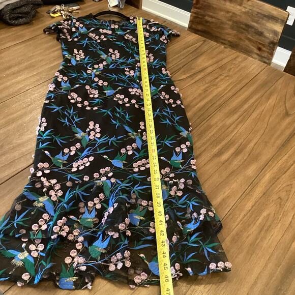 Anthropologie blue black bird embroidered shortsleeve VONE Rylee midi Dress 8 - Picture 7 of 12